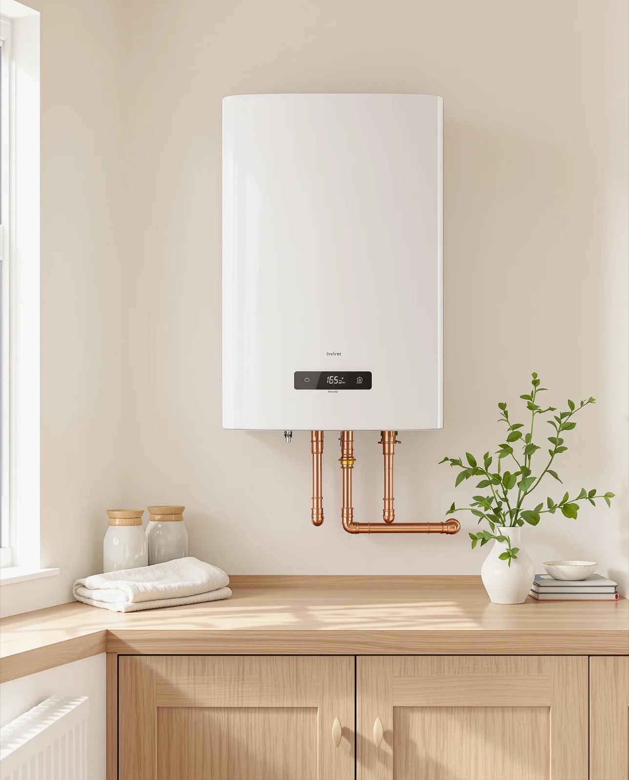 A new wall-hung combi boiler fitted neatly in a cream kitchen