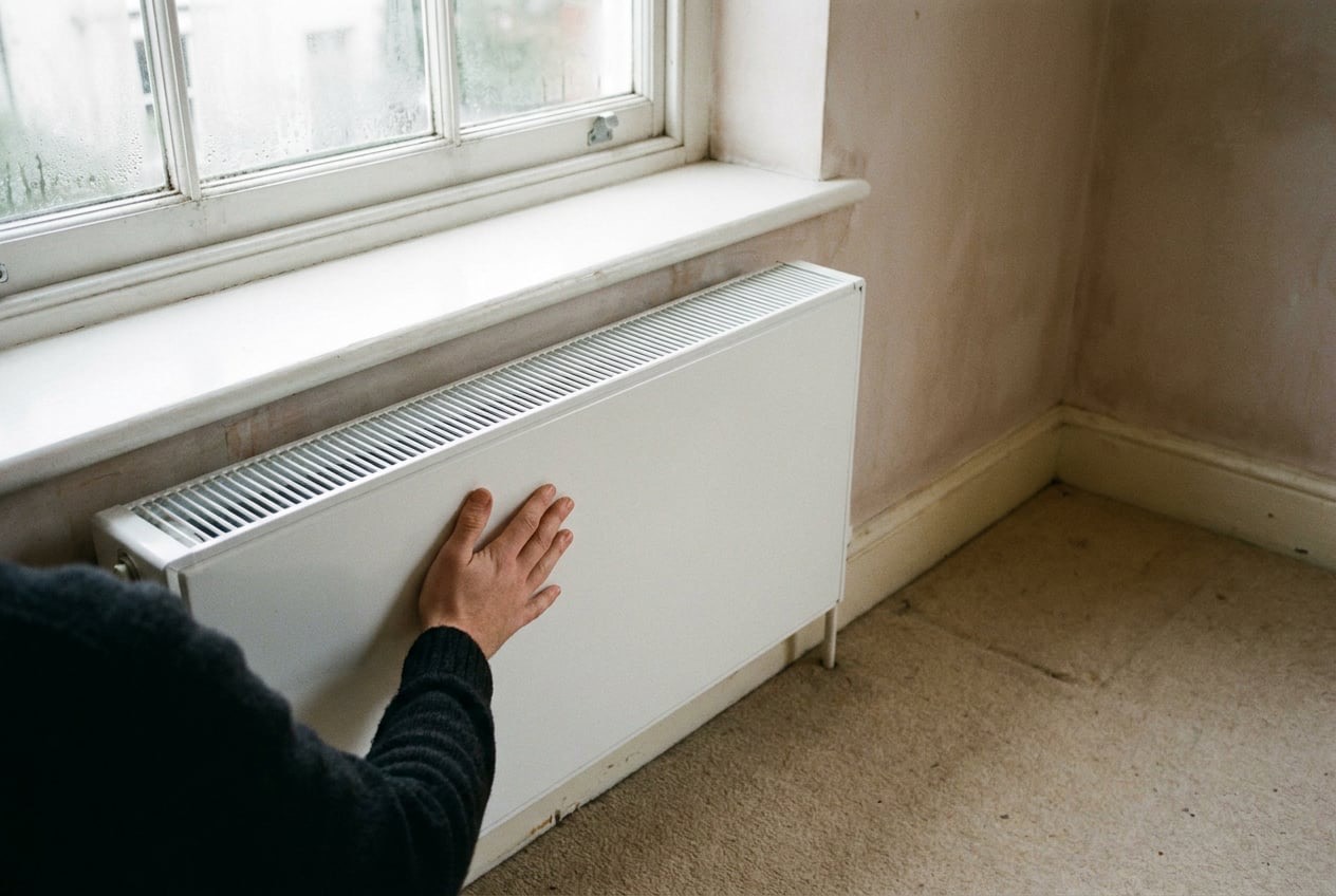 A hand resting on a cold white panel radiator beneath a window