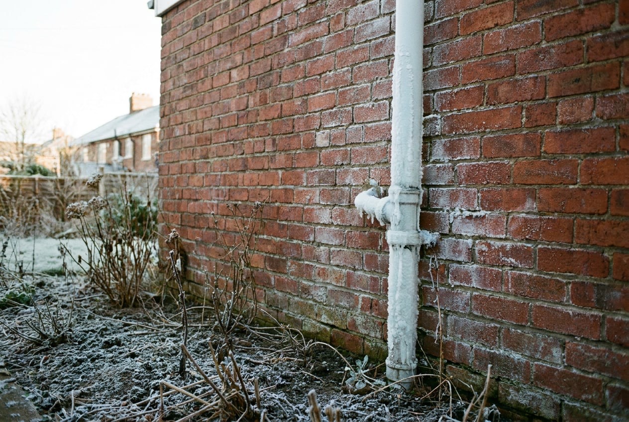 A white plastic boiler condensate pipe frozen against a red brick wall