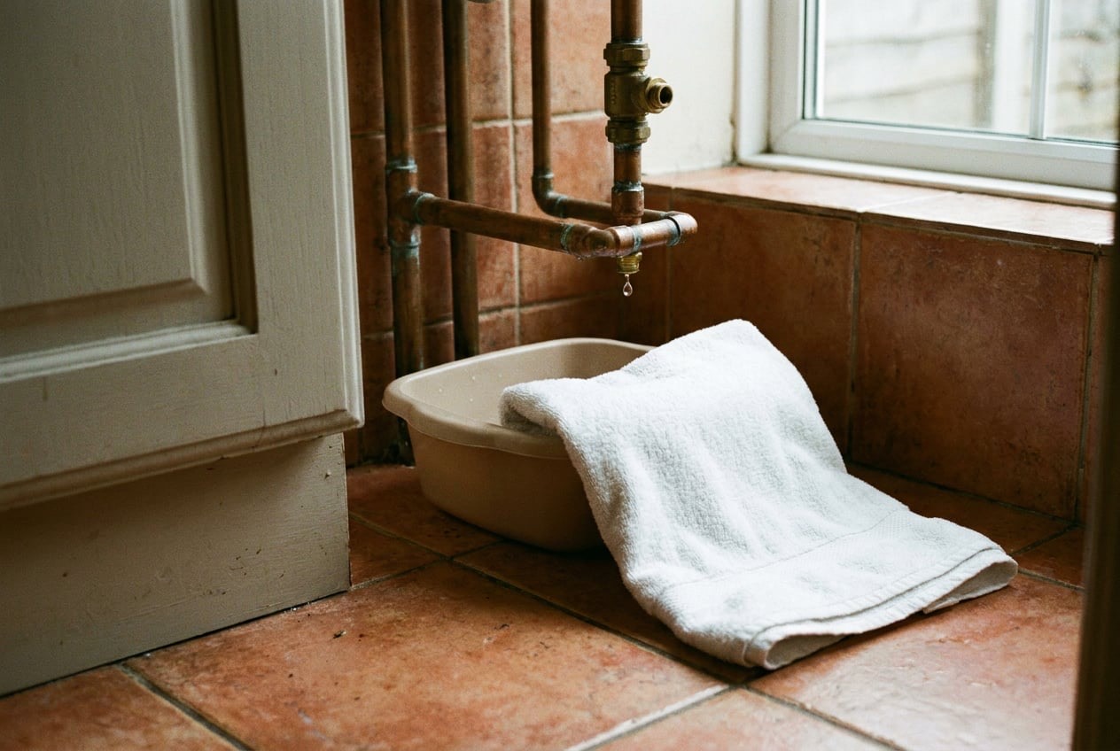 Water dripping from a copper pipe joint into a bowl on a tiled kitchen floor