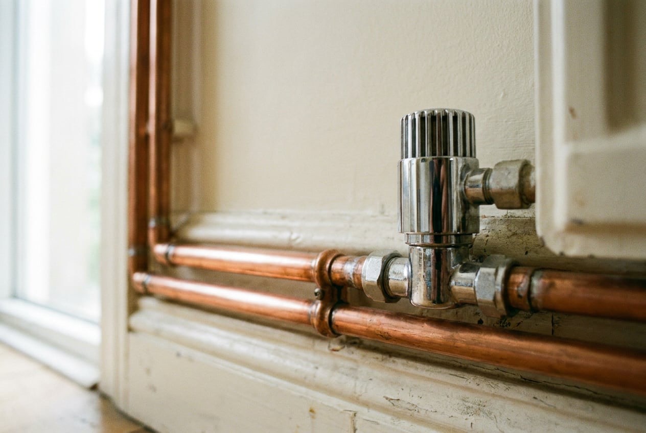 Copper central heating pipework and a chrome radiator valve along a skirting board