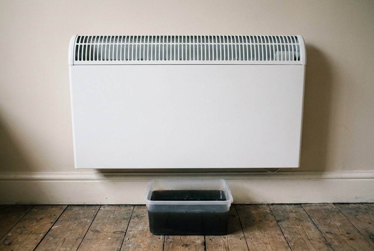 A container of black sludgy central heating water on the floor below a radiator