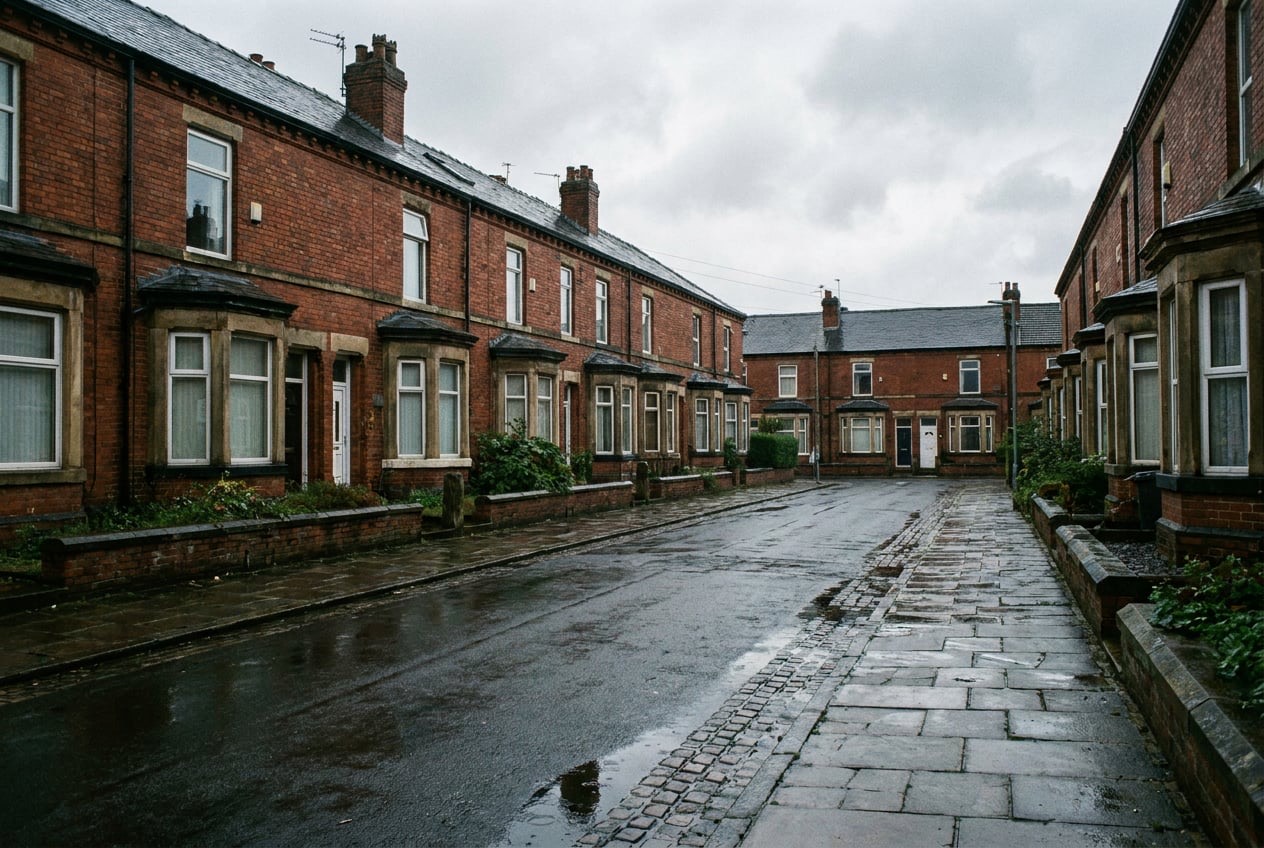 A row of Victorian red brick terraced houses on a Manchester street after rain